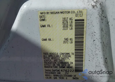 2017 Nissan Altima 2.5 S z USA, uszkodzony, nr VIN 1N4AL3AP5HC476222